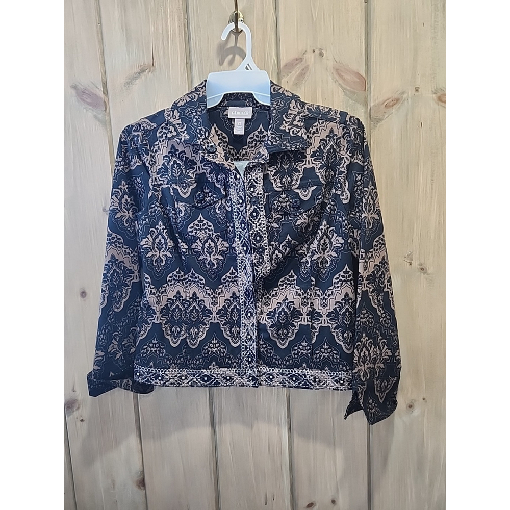Chicos Black&Tan Jacket Sz 0 Brocade Shacket Jean Style Casual, NWOT